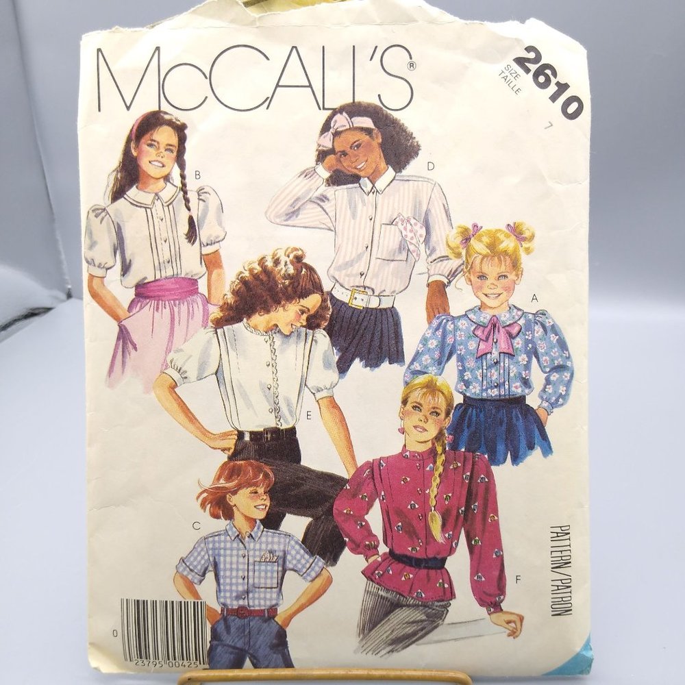 Vintage Sewing PATTERN McCalls 2610, Girls 1986 Blouses and Tie, Child Size 7